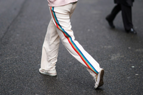 black pants with multi coloured stripe
