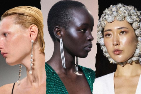 three photos of models wearing glitter foundation