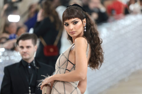 Emily Ratajkowski attends The 2023 Met Gala in one of the met gala beauty looks that referenced Karl Lagerfeld